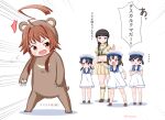 5girls adapted_costume ahoge animal_costume bear_costume black_hair blue_eyes blue_sailor_collar bob_cut brown_eyes brown_hair commentary_request daitou_(kancolle) dress hat hiburi_(kancolle) huge_ahoge kantai_collection kitakami_(kancolle) kitakami_kai_ni_(kancolle) kuma_(kancolle) long_hair low_ponytail masara_(chuujou) midriff multiple_girls neckerchief pleated_skirt pun sailor_collar sailor_dress sailor_hat sailor_shirt shirt short_hair short_ponytail short_sleeves shounan_(kancolle) skirt translation_request twintails violet_eyes white_dress white_hat white_neckerchief yellow_sailor_collar yellow_shirt yellow_skirt 