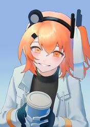  1girl a.i._voice adachi_rei black_shirt blue_background coffee_cup commentary cup disposable_cup drawstring gloves hair_between_eyes hair_ornament hair_ribbon hairclip headlamp highres holding holding_cup jacket kaimu_(adachi_rei) long_sleeves looking_at_viewer medium_hair one_side_up open_clothes open_jacket orange_eyes orange_hair parted_lips radio_antenna ribbon shirt simple_background smile solo upper_body utau white_jacket white_ribbon 