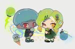  1boy 1girl afro blue_hair chibi chibi_only commentary dark-skinned_male dark_skin food green_hair green_kimono hair_ornament hairclip holding holding_food holding_ice_cream ice_cream japanese_clothes kimono licking long_hair octoling octoling_boy octoling_girl octoling_player_character one_eye_closed red_eyes rongyu1029 sandals short_hair splatoon_(series) splatoon_3 tentacle_hair white_background yellow_eyes zouri 