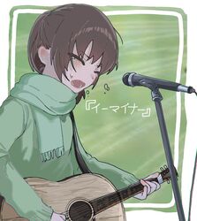  1girl acoustic_guitar brown_hair character_request closed_eyes commentary_request e-minor_(vocaloid) green_scarf green_sweater guitar holding holding_guitar holding_instrument instrument long_sleeves medium_hair microphone microphone_stand music open_mouth playing_instrument saki_(saki_tiara0905) scarf singing solo sweater tearing_up translated upper_body 