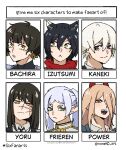  2boys 4girls :&lt; animal_ears bachira_meguru blue_lock breasts brown_eyes cat_ears chainsaw_man colored_inner_hair commentary cross-shaped_pupils cross_scar dungeon_meshi frieren frown green_eyes grey_eyes hair_over_one_eye horns izutsumi kaneki_ken light_brown_hair multicolored_hair multiple_boys multiple_drawing_challenge multiple_girls power_(chainsaw_man) red_horns ringed_eyes rinneko_art scar scar_on_cheek scar_on_face scar_on_nose six_fanarts_challenge sousou_no_frieren symbol-shaped_pupils tokyo_ghoul twintails twitter_username white_hair yellow_eyes yoru_(chainsaw_man) 