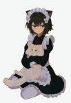  1girl absurdres animal animal_ears animal_on_lap apron black_dress black_hair blush brown_eyes cat cat_ears cat_girl cat_on_lap closed_mouth commentary_request dress full_body highres holding holding_animal holding_cat kgt_(pixiv12957613) long_sleeves looking_at_viewer maid maid_apron maid_headdress medium_hair neck_ribbon on_lap original pantyhose red_ribbon ribbon simple_background sitting smile solo white_apron white_background white_headdress white_pantyhose yellow_cat 