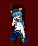  1girl absurdres blue_hair blue_skirt blush boots bow bowtie brown_footwear chair cross-laced_footwear food fruit full_body highres hinanawi_tenshi knee_boots lace-up_boots leaf leaf_hat looking_at_viewer on_chair open_mouth peach ponitemu red_bow red_bowtie red_eyes shirt short_hair simple_background sitting skirt smile solo tenco&#039;s_story touhou white_shirt 
