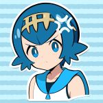  1girl ami_art anger_vein angry blue_eyes blue_hair blue_sailor_collar bright_pupils closed_mouth commentary frown hairband highres lana_(pokemon) light_blush looking_at_viewer no_sclera outline pokemon pokemon_sm sailor_collar shirt sleeveless sleeveless_shirt solo split_mouth striped_background upper_body white_pupils white_shirt yellow_hairband 