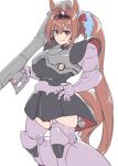  1girl alternate_hairstyle animal_ears armor brown_eyes brown_hair cosplay daiwa_scarlet_(umamusume) fang feet_out_of_frame gundam hair_intakes highres horse_ears horse_girl horse_tail mecha_musume pataneet ponytail rocket_launcher rpg_(weapon) simple_background skin_fang solo tail umamusume weapon white_background 