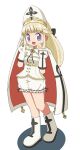  1girl :d blonde_hair boots cape cocia_(kosianko) commentary_request corset cross crown frills gloves gouketsuji_ichizoku half_up_braid hat long_hair open_mouth princess princess_sissy sidelocks smile violet_eyes white_background white_footwear white_gloves 