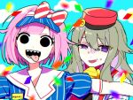  2girls :d blue_hat blue_shirt blue_sky bow clouds confetti dot_nose gloves green_hair hair_bow half-closed_eye hat head_tilt kusanagi_nene long_hair looking_at_viewer mesmerizer_(vocaloid) mopemope_(god_pegasus) multiple_girls ootori_emu open_mouth outdoors outstretched_arms pink_hair pinstripe_pattern pinstripe_shirt puffy_short_sleeves puffy_sleeves red_bow red_hat red_suspenders sharp_teeth shirt short_hair short_sleeves sidelocks sky smile solid_circle_eyes striped_bow sweatdrop teeth tongue tongue_out upper_body violet_eyes visor_cap yellow_gloves 