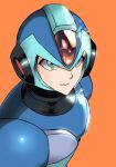  1boy armor blue_armor blue_helmet forehead_jewel green_eyes highres mega_man_(series) mega_man_x_(series) mithclearwell orange_background shoulder_armor simple_background solo upper_body x_(mega_man) 