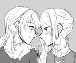  2girls blush byleth_(female)_(fire_emblem) byleth_(fire_emblem) closed_mouth commentary_request edelgard_von_hresvelg eye_contact fire_emblem fire_emblem:_three_houses forehead-to-forehead greyscale heads_together long_hair looking_at_another monochrome multiple_girls profile riromomo smile spot_color sweatdrop violet_eyes yuri 