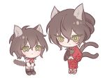  1boy 1girl aged_down animal_ears bad_id bad_pixiv_id black_hair cat_boy cat_ears cat_girl cat_tail chibi closed_mouth floral_print_kimono frown full_body green_eyes hair_between_eyes japanese_clothes kemonomimi_mode kimono long_sleeves looking_at_another maya_(slow_damage) meremero multiple_tails red_kimono short_hair simple_background slow_damage standing tail towa_(slow_damage) two_tails white_background 