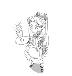  1boy apron bindi bow crossdressing deformed frilled_apron frilled_skirt frills hair_bow hand_on_own_hip high_ponytail highres holding holding_tray korean_commentary long_hair looking_up maid male_focus mary_janes milkshake qwert021600 renzha_fanpai_zijiu_xitong shen_jiu_(renzha_fanpai_zijiu_xitong) shoes skirt solo tray zettai_ryouiki 