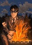  1-nichi_gaishutsuroku_hanchou 1boy absurdres black_eyes black_hair black_jacket black_necktie black_pants blazer blue_sky campfire closed_mouth clouds collared_shirt commentary_request cooking feet_out_of_frame fire fukumoto_nobuyuki_(style) highres jacket kaiji long_sleeves male_focus minahamu miyamoto_hajime necktie night official_style pants parody pointy_nose s&#039;more shirt short_bangs short_hair sky smile solo style_parody suit sunglasses thick_eyebrows v-shaped_eyebrows white_shirt 