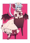 1girl absurdres animal_ears bat_wings blue_hair cat_ears cat_tail closed_mouth dress fingernails hair_between_eyes hat hat_ribbon high_heels highres himadera light_blue_hair long_fingernails looking_at_viewer medium_hair mob_cap pink_dress pink_hat red_background red_eyes red_footwear red_nails red_ribbon remilia_scarlet ribbon short_sleeves simple_background sitting solo tail touhou twitter_username wings wrist_cuffs 