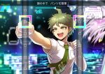  1boy :d ahoge breast_pocket brown_hair clenched_hands collared_shirt danganronpa_(series) danganronpa_2:_goodbye_despair green_eyes green_hair green_necktie hands_up highres hinata_hajime male_focus necktie ocean open_mouth outstretched_arm pixels pocket print_necktie shirt short_hair short_sleeves smile solo teeth translation_request upper_body upper_teeth_only white_shirt wing_collar youko-shima 