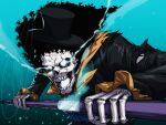 1boy afro ascot black_hair blue_ascot brook_(one_piece) commentary english_commentary eye_trail frilled_sleeves frills h_potemkin highres holding holding_sheath holding_weapon light_trail long_sleeves male_focus one_piece open_mouth sheath skeleton solo sword weapon 