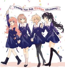  4girls aono_nachi black_footwear black_hair black_socks blonde_hair blue_eyes blush boots brown_hair closed_mouth commentary_request confetti english_commentary flag high_heels highres holding holding_flag holding_hands kagari_mimi kimi_ga_shinu_made_koi_wo_shitai kneehighs lizzy_seiran long_hair maud_ali milestone_celebration mixed-language_commentary multiple_girls official_art open_mouth pink_hair ponytail red_eyes school_uniform short_hair smile socks standing thank_you totsuki_shiina violet_eyes walking white_background white_socks 