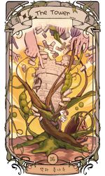  1boy 3others absurdres animal beans bird brown_hat brown_pants commentary_request copyright_name crumbling cymlim english_text fleeing goose hat highres holding holding_animal holding_bird jack_and_the_beanstalk korean_commentary korean_text long_sleeves male_focus multiple_others no_eyes open_mouth pants pea_pod plant running shirt tarot tarot_(medium) the_tower_(tarot) tower translation_request tree vest vines white_shirt yellow_vest 