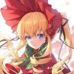  1girl blonde_hair blue_eyes bow bowtie drill_hair green_bow looking_at_viewer ponytail portrait red_bonnet rozen_maiden shibaziliangliang shinku solo twin_drills 