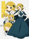  +_+ 1girl apron ascot blonde_hair blue_eyes blush braid braided_bangs cape character_name clenched_hand colored_eyelashes crying food-themed_hair_ornament glasses gloves hair_ornament hand_on_own_hip highres hishigata_lemon_(maco22) holding holding_tray lemon_hair_ornament maco22 medium_hair multiple_views open_mouth original ponytail short_sleeves skirt sparkle t_t translation_request tray 