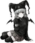  1girl arm_support bad_id bad_twitter_id bat_wings black_shirt boots chan8016 earrings full_body greyscale hand_up hat highres inactive_account jester_cap jewelry long_sleeves looking_at_viewer mayura miniskirt monochrome plaid plaid_skirt shirt short_hair sitting skirt sleeves_past_fingers sleeves_past_wrists solo ukagaka wings 