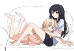  2girls bare_legs barefoot black_hair black_shorts blonde_hair blue_shirt blush closed_mouth couch cuddling cushion full_body highres inoue_takina jenjen long_hair looking_at_viewer lycoris_recoil lying medium_hair multiple_girls nishikigi_chisato on_couch on_stomach partially_colored pink_shirt pink_shorts red_eyes shirt short_sleeves shorts simple_background sitting violet_eyes white_background yuri 