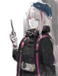 1girl against_wall belt beret black_coat black_gloves black_scarf black_shirt blue_eyes blue_hat brown_hair character_request coat commentary_request cowboy_shot eyelashes fingerless_gloves girls_frontline gloves gun hat heterochromia highres holding holding_gun holding_weapon long_hair long_sleeves looking_at_viewer multicolored_hair open_clothes open_coat osakana_(denpa_yun&#039;yun) parted_lips pink_eyes pink_hair scarf shirt sketch smirk solo straight_hair streaked_hair twintails very_long_hair weapon weapon_request white_background 