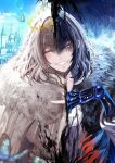  1boy absurdres antinese arthropod_boy black_hair blue_eyes bug cape cloak collared_shirt crown diamond_hairband dual_persona fate/grand_order fate_(series) fur-trimmed_cape fur-trimmed_cloak fur_trim grey_hair highres long_sleeves looking_at_viewer male_focus medium_hair oberon_(fate) oberon_(third_ascension)_(fate) official_alternate_hair_color shirt smile solo white_shirt 