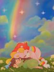  1girl animal barefoot blush brown_hair closed_eyes clouds colorful commentary crossed_arms doekis dress english_commentary giraffe grass green_dress highres hooves kissy_(doekis) long_hair lying nature on_side original outdoors rainbow sky sleeping smile solo sparkle 