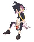  1boy alternate_costume bag black_footwear black_hair clothes_around_waist crossed_bangs full_body gloves hair_between_eyes highres holding holding_poke_ball invisible_chair kieran_(pokemon) knifedragon leggings looking_at_viewer male_focus mole mole_on_neck multicolored_hair notice_lines orange_eyes poke_ball poke_ball_(basic) pokemon pokemon_sv purple_hair shoes short_sleeves shorts simple_background single_glove sitting sneakers solo sweat white_background 
