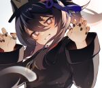  1girl black_hat black_jacket black_nails brown_hair claw_pose dot_nose double-parted_bangs floating_hair flower-shaped_pupils genshin_impact grin hair_between_eyes hands_up hat hat_tassel highres hu_tao_(genshin_impact) jacket jewelry long_hair long_sleeves looking_at_viewer mochimiya_(coyo) multiple_rings porkpie_hat portrait red_eyes ring smile solo symbol-shaped_pupils thumb_ring v-shaped_eyebrows white_background 