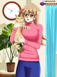 1girl alexis_rhodes blonde_hair blush cat cute happy holding_cat house hug living_room long_hair pharaoh_(cat) pink_sweater sincity2100 tenjouin_asuka yellow_eyes yu-gi-oh! yuu-gi-ou yuu-gi-ou_gx 
