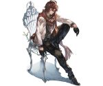  1boy ahoge annoyed arm_on_knee bishounen black_gloves black_shirt boots brown_hair brown_scarf buttons chair downscaled dress_shirt floating_scarf full_body gloves granblue_fantasy hair_between_eyes high_heel_boots high_heels jacket knee_up light_frown looking_to_the_side minaba_hideo official_alternate_costume official_art on_chair open_clothes open_jacket plant red_eyes resized sandalphon_(granblue_fantasy) scarf shadow shirt tachi-e transparent_background vines white_jacket 