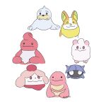  :i black_eyes closed_mouth commentary_request fangs fangs_out green_eyes highres lickilicky lickitung no_humans pokemon pokemon_(creature) seel shellder slurpuff smile swirlix tsuruba_(tsu41014812) twitter_username white_background yamper 
