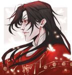  1boy abstract_background ales black_hair border bug butterfly butterfly_necklace chinese_clothes eyepatch glowing_butterfly hanfu hua_cheng long_hair male_focus pale_background red_eyes red_hanfu red_robe robe tianguan_cifu white_border white_butterfly 