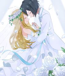  1boy 1girl arm_around_waist black_hair blonde_hair blush bridal_veil calem_(pokemon) closed_eyes closed_mouth commentary_request couple dress falling_petals flower from_side head_wreath hetero highres holding_hands jacket long_hair long_sleeves pants petals pokemon pokemon_xy rain_(tonight_862) serena_(pokemon) short_hair smile strapless strapless_dress twitter_username veil wedding_dress white_dress white_flower white_jacket white_pants 