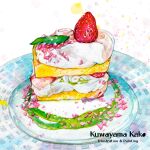  absurdres artist_name cake cake_slice commentary_request food food_focus fruit highres icing kk2180 leaf no_humans original painting_(medium) plate strawberry strawberry_shortcake traditional_media watercolor_(medium) white_background 