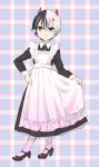  1boy absurdres anger_vein apron black_dress black_footwear black_hair closed_mouth collared_dress commentary_request crossdressing demon_horns dress fang fang_out frilled_apron frills frown full_body grey_hair gucchiann high_heels highres horns kariza_(princess_connect!) long_sleeves maid maid_apron male_focus male_maid multicolored_hair pantyhose plaid plaid_background princess_connect! red_eyes shoes solo standing two-tone_hair white_apron white_pantyhose 
