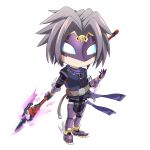  1boy armor belt black_bodysuit blue_sclera bodysuit bodysuit_under_clothes brown_belt character_request chibi closed_mouth colored_sclera commentary_request energy_spear expressionless full_body gauntlets grey_hair holding holding_polearm holding_weapon hop_step_jumpers lets0020 looking_at_viewer male_focus masked parted_bangs polearm purple_armor purple_scarf purple_shirt scarf shirt short_hair simple_background solo spear standing transparent_background weapon white_eyes 