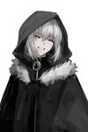  1girl black_cape blush cape closed_eyes fate_(series) fur-trimmed_cape fur_trim gray_(fate) grey_hair grin hair_between_eyes highres hood hood_up hooded_cape lord_el-melloi_ii_case_files short_hair sidelocks simple_background smile solo sprit_brry teeth white_background 