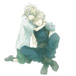  2boys aged_down armor arms_around_neck bad_source belt bisukorokoro blonde_hair blue_eyes blue_pants blue_sweater boots brown_footwear closed_eyes cloud_strife crossed_legs crying final_fantasy final_fantasy_vii frown full_body green_pants head_on_another&#039;s_shoulder kneeling looking_to_the_side low_ponytail male_focus multiple_boys pants pauldrons sad shirt short_hair short_ponytail shoulder_armor simple_background single_pauldron sitting sleeveless sleeveless_sweater sleeveless_turtleneck spiky_hair suspenders sweater third-party_source time_paradox turtleneck turtleneck_sweater white_background white_shirt 