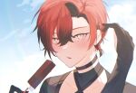  1boy bishounen black_gloves blush food gloves hand_up highres holding holding_food holding_popsicle holostars holostars_english looking_at_viewer machina_x_flayon male_focus open_mouth popsicle redhead short_hair solo sweat upper_body xmayo0x 
