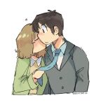  1boy 1girl blush brown_hair green_jacket heart holding_tie jacket kiss kissing_cheek nichijou sakurai_izumi short_hair signature simple_background snowii_cat suit takasaki_manabu teacher white_background 