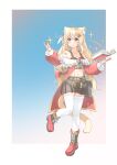  1girl animal_ear_fluff animal_ears belt blonde_hair book boots brown_skirt cat_ears cat_girl cat_tail coat floating floating_book floating_object full_body highres long_hair long_sleeves midriff navel off-shoulder_coat off_shoulder original red_coat red_footwear skirt stomach tail thigh-highs white_thighhighs xiao_baixiong_tat zettai_ryouiki 