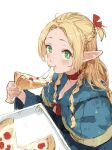  1girl blonde_hair blue_capelet blue_robe braid capelet cheese cheese_trail choker commentary detached_hood dino_(dinoartforame) dungeon_meshi eating elf food green_eyes hair_around_ear hair_ribbon halfling highres holding holding_food holding_pizza hood hooded_capelet long_hair looking_at_viewer marcille_donato multiple_braids pepperoni pepperoni_pizza pizza pizza_box pizza_slice pointy_ears ribbon robe simple_background solo symbol-only_commentary white_background 