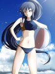  1girl beach highres mori_tamotsu sand sasaki_fuuka sports_bra two-tone_one-piece_swimsuit 
