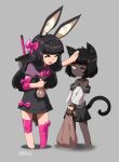  2girls 604yue animal_ears arm_wrap asha_the_shopkeeper_cat barefoot black_dress black_hair black_skirt bow bowtie capelet cat_ears cat_girl cat_tail closed_eyes closed_mouth commentary dark-skinned_female dark_skin dress english_commentary foot_wraps full_body grey_background headpat heavyblade_rabbit highres holding holding_sack long_hair medium_bangs multiple_girls off-shoulder_shirt off_shoulder one_eye_closed open_mouth pink_bow pink_bowtie purple_capelet rabbit_and_steel rabbit_ears rabbit_girl ribbon-trimmed_dress sack shirt short_hair simple_background skirt smile standing sword sword_on_back tail very_dark_skin weapon weapon_on_back white_shirt yellow_eyes 
