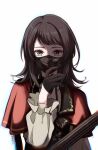  1girl artist_name bang_dream! bang_dream!_it&#039;s_mygo!!!!! black_gloves black_hair black_mask capelet commentary gloves green_eyes guitar half_gloves hand_up hashtag-only_commentary highres instrument long_sleeves looking_at_viewer mask medium_hair mouth_mask red_capelet shade shirt solo upper_body white_background white_shirt yahata_umiri yeyep0911 