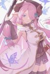  1girl absurdres arm_up black_gloves blue_eyes brown_horns bug butterfly closed_mouth commentary_request cowboy_shot draph fingerless_gloves gloves granblue_fantasy hair_over_one_eye hand_up highres holding holding_weapon horns huaano long_hair looking_at_viewer narmaya_(granblue_fantasy) one_eye_covered pink_hair pointy_ears solo very_long_hair weapon 