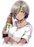  1girl blush bottle breasts brown_hair collarbone commentary_request dress_shirt girls_band_cry green_eyes hair_between_eyes happy_birthday highres holding holding_bottle kashi long_hair_between_eyes looking_at_viewer medium_breasts mole mole_under_eye multicolored_hair one_eye_closed roots_(hair) rupa_(girls_band_cry) sake_bottle shirt short_sleeves simple_background solo star-shaped_pupils star_(symbol) symbol-shaped_pupils violet_eyes watch watch white_background white_shirt 
