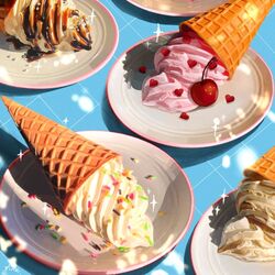  artist_name cherry chocolate_syrup fine_9725 food food_focus fruit highres ice_cream ice_cream_cone no_humans original plate soft_serve sprinkles still_life 